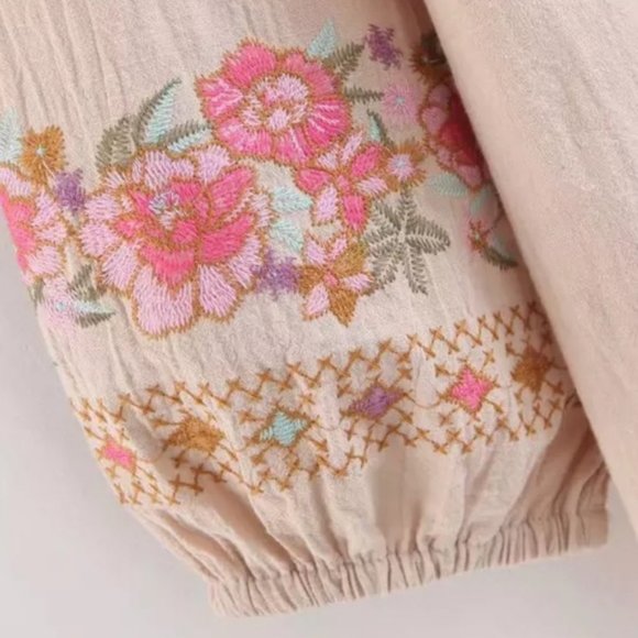 030 Boho Embroidered Floral Puff Sleeve Tassel Blouse - Picture 5 of 9